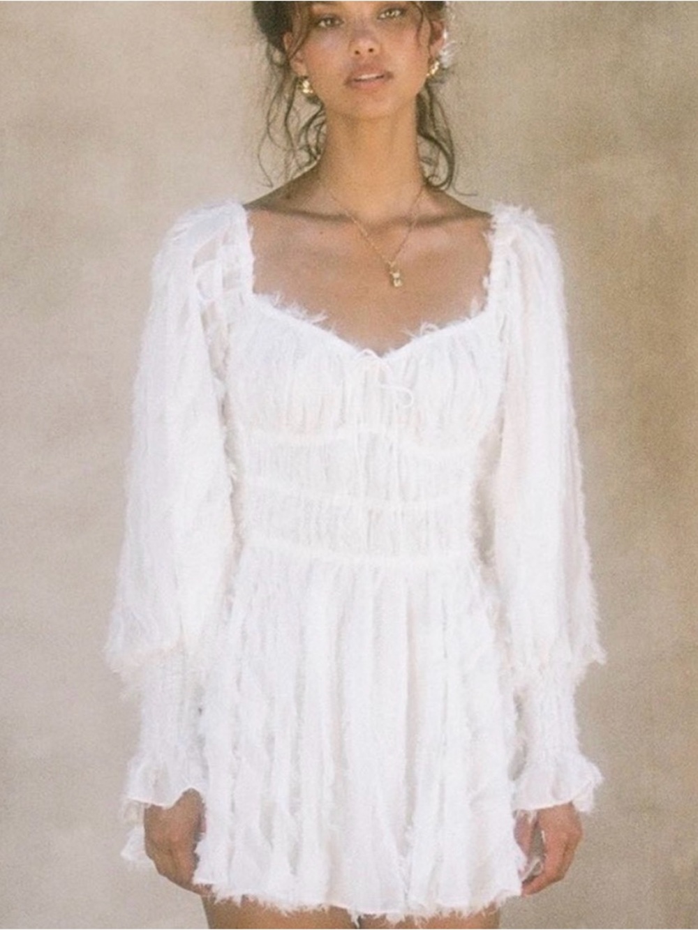 Sabo Skirt White Fringe-Textured Long-Sleeve Mini Dress